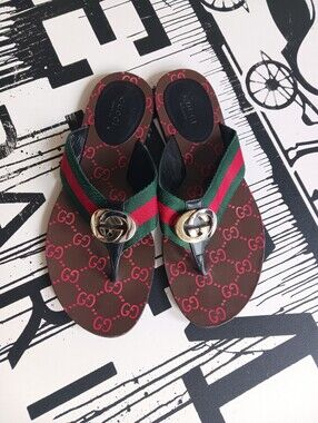 Gucci Kika GG Web Stripe Thong Sandals Size 38